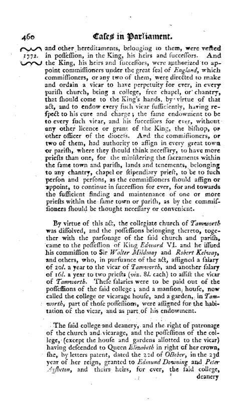 Reports of cases, upon appeals and writs of error, in the High Court of Parliament 1772 p.460